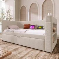 3ft Upholstered Daybed With Cup Holders, 3 USB and Type‑C Charging Ports, Single Sofa Bed for Compact Room, 207L x 98W x 74H cm, Beige(m-9)
