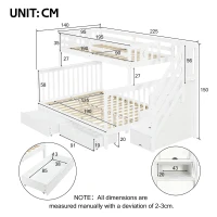 Children's Bunk Bed with Staircase, Drawer Storage, Slatted Base, Solid Wood Frame for Compact Room, 225L x 140W x 150H cm, White(m-3)