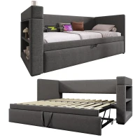 Upholstered Daybed with Pull-out Trundle and Built-in Cup Holders, Bed Frame with Armrests and Side Storage, 207L x 98W x 74H cm, Grey(m-10)