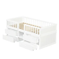 Low Loft Bed with 4 Drawers, Tiered Step Compartments, Elevated Sleeper with Full-Length Guardrail, Slatted Base, 215L x 95W x 81H cm, White(m-9)