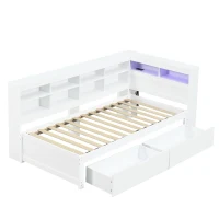 3ft Single Daybed with 2 Storage Drawers, Integrated Headboard Storage, Sturdy Wood Frame for Compact Room, 213L x 117W x 93H cm, White(m-11)