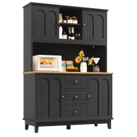 Tall Kitchen Sideboard Cabinet with App-Controlled Changing LED Lighting, Cupboard with Open Display Shelf, 120L x 40W x 180H cm, Black(m-10)