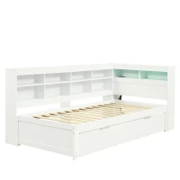3ft Single Daybed with 2 Storage Drawers, Integrated Headboard Storage, Sturdy Wood Frame for Compact Room, 213L x 117W x 93H cm, White(m-2)