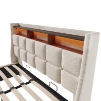 Upholstered Double Bed with LED Lighting and USB‑C Charging Station, Bed Frame with Padded Headboard, 200L x 140W x 117H cm, Beige(m-9)