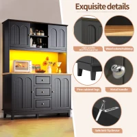 Tall Kitchen Sideboard Cabinet with App-Controlled Changing LED Lighting, Cupboard with Open Display Shelf, 120L x 40W x 180H cm, Black(m-4)