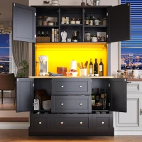 Tall Kitchen Cabinet with Open Middle Shelf and Five Drawers, Large Storage Cupboard for Dining Room, 115L x 40W x 180H cm, Black(m-8)