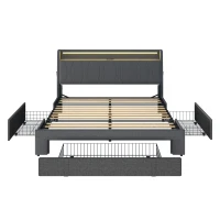 4ft6 Double Upholstered Bed with 3 Drawers, Charging Station, Sturdy Headboard with App-controlled RGB LED, 213L x 142W x 106H cm, Grey(m-9)