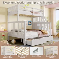 Children's Bunk Bed with Staircase, Drawer Storage, Slatted Base, Solid Wood Frame for Compact Room, 225L x 140W x 150H cm, White(m-5)