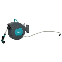 Outsunny Enrolador de Parede 180° com Recolha Automática 15 m + 1,4 m Lança de Rega Incluída Cinza Escuro e Verde(m-7)