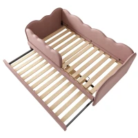 Upholstered Daybed with Pull-Out Trundle, Iron Frame and 2 U‑Shaped Bars, Bed Frame with Thick Foam Backrest, 197L x 99W x 70H cm, Pink(m-10)