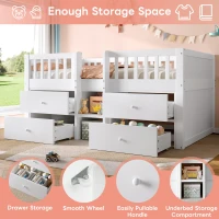 Low Loft Bed with 4 Drawers, Tiered Step Compartments, Elevated Sleeper with Full-Length Guardrail, Slatted Base, 215L x 95W x 81H cm, White(m-5)