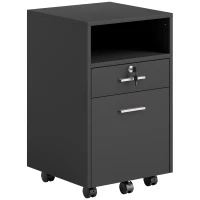 Vinsetto Comodă de Birou cu 2 Sertare și Raft Deschis, Mobilier cu 5 Rotile, Încuietoare și 2 Chei, 39x40x65 cm, Negru(m-1)