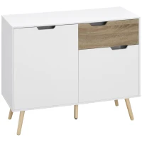 HOMCOM Buffet Meuble de rangement sur pied scandinave placards pour Salle de bain, salon, Cusine, Pieds en Bois Massif pin - Blanc - dim. 98L x 39l x 81,5H cm(m-10)