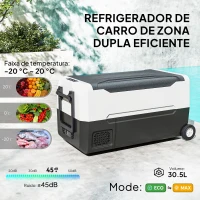HOMCOM Geleira Elétrica de Compressor Portátil 30,5L para Carro -20℃ a 20℃ com 2 Rodas Alças e Congelador 56,8x33x26,2 cm Preto(m-4)