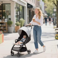 AIYAPLAY Travel Stroller, Lightweight Pushchair, Compact Buggy with Canopy, Basket and Multi-Position Recline, Light Grey(m-2)