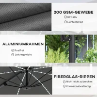 Outsunny Alu Ampelschirm LED Solar Ø300 cm höhenverstellbar Sonnenschirm mit Kurbel Ständer UV50+ Dunkelgrau(m-8)
