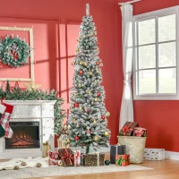 HOMCOM Árbol de Navidad Estrecho 225 cm Árbol Navideño Nevado con 738 Ramas y Soporte de Metal para Salón Verde y Blanco(m-8)