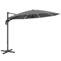 Outsunny 3(m) Cantilever Garden Parasol with Solar Powered Lights, Crank Handle & Cross Base, UPF 50+, 360° Rotation, Dark Grey(m-1)