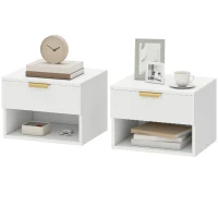 HOMCOM Set di 2 Comodini Sospesi con Pannelli Scanalati, Cassetto e Ripiano, 40x34x29 cm, Bianco(m-10)