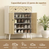 HOMCOM Zapatero Entrada Recibidor con 2 Puertas Estantes Ajustables Cajón para 12 Pares de Zapatos 75x35x97 cm Blanco y Natural(m-4)