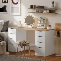 HOMCOM Scrivania con 8 cassetti, salvaspazio e stabile, 140 c, Bianco e Legno naturale(m-4)