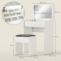 HOMCOM Tavolo da Trucco con Specchio Richiudibile, Tavolo da Trucco Moderno, con Sgabello, Vano Contenitore (10 Scomparti), MDF Bianco, 60.2 x 40.2 x 79cm(m-3)