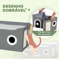 PawHut Casa para Gatos Dobrável com Arranhador 3 Entradas Bola Pendurada Almofada Reversível em Pelúcia e Tipo Linho 60x40x34 cm Cinza(m-7)