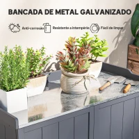 Outsunny Armário de Jardim de Madeira com Mesa de Plantação Armário de Exterior com 2 Portas com Fechadura Magnética e 2 Prateleiras para Terraço Balcão 98x48x95,5cm Cinza(m-5)
