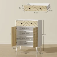 HOMCOM Sapateira de 2 Portas com Design em Espiga Prateleiras Ajustáveis Gaveta para 12 Pares de Sapatos 75x35x97 cm, Branco e Madeira(m-3)