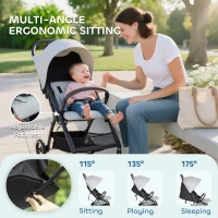 AIYAPLAY Travel Stroller, Lightweight Pushchair, Compact Buggy with Canopy, Basket and Multi-Position Recline, Light Grey(m-4)