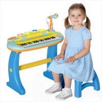 AIYAPLAY 37-Key Kids Piano w/ Microphone, Stool, LED Lights, Record & Replay, Function, Blue(m-10)