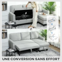 HOMCOM Canapé d'angle convertible réversible, canapé-lit 3 places, méridienne, coffre de rangement, 197lx129x 85cm, gris clair(m-5)