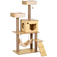 PawHut 130cm Cat Tree Activity Center with Jute Scratching Posts, Cat Tower with Plush Perch Condo,Hammock Ladder, Yellow