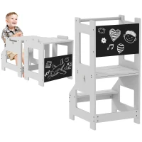 HOMCOM Tour d'observation enfant tour d'apprentissage 3 en 1 barreau hauts rebords de sécurité et tableau noir 42x44x86cm gris(m-10)