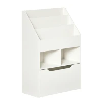 HOMCOM Estante de Madeira para Brinquedos com 3 Compartimentos 2 Cubos e Gaveta Móvel com 4 Rodas Estante para Livros Infantil para Dormitório Infantil Sala de Jogos 60x29,9x90cm Branco(m-10)