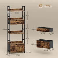 HOMCOM Bibliothèque étagère de rangement à 6 niveaux avec 4 étagères, 3 tiroirs en tissu, 60x30x176cm, brun rustique(m-3)