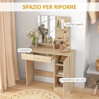 HOMCOM Toeletta da Camera con Armadietto, Cassetto, Specchio per Trucco e Ripiani Aperti, 90x38x138 cm, Acero(m-4)