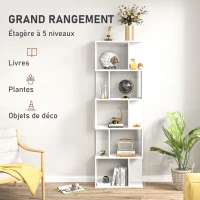 HOMCOM Bibliothèque à 5 niveaux, meuble de rangement en forme de S avec étagères, 60 x 24 x 184,5 cm, blanc(m-4)