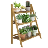 Outsunny Wooden Folding Flower Pot Stand 3 Tier Garden Planter Display Ladder Gardener Storage Shelves Rack Herb Holder (80L x 37W x 93H cm)(m-10)