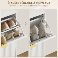 HOMCOM Meuble à chaussures 20 paires avec 4 tiroirs rabattables, portes cannelées et étagères réglables, 105x24x91,5cm, blanc(m-6)