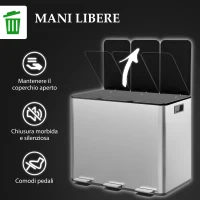 HOMCOM Bidone Immondizia a 3 Sezioni da 20L con Chiusura Silenziosa, in Acciaio Inox e PP, 61.9x36.6x56.7 cm(m-6)
