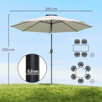 Outsunny Parasol de jardin extérieur Parasol droit inclinable Ø 3 m en métal Rond Polyester 180g/m² manivelle inclinable Gris Clair(m-3)