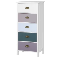 HOMCOM Chiffonnier commode meuble de rangement 5 tiroirs multicolores avec poignée métal coquille MDF - dim. 45L x 30l x 95,4H cm(m-10)