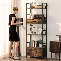 HOMCOM Bibliothèque étagère de rangement à 6 niveaux avec 4 étagères, 3 tiroirs en tissu, 60x30x176cm, brun rustique(m-7)