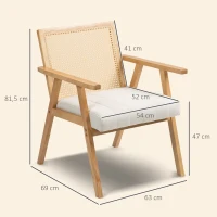 HOMCOM Fauteuil de salon en bois, chaise cannage avec dossier en rotin et coussin rembourré et accoudoirs, bois naturel(m-3)