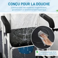 HOMCOM Chaise percée adulte à roulettes, chaise percée de douche avec repose-pieds, dossier et accoudoirs, 53x97x97cm, noir(m-5)