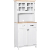 HOMCOM Freestanding Kitchen Cupboard, Kitchen Storage Cabinet with Framed Glass Doors, 2 Drawers, Microwave Counter, White(m-1)
