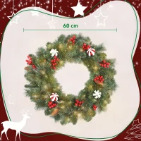 HOMCOM Couronne de Noël lumineuse 60 cm avec 50 LED, minuterie, 146 pointes, pommes de pin, baies, boules décoratives, vert(m-3)