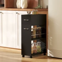HOMCOM Carrello da Cucina con 2 Ripiani Aperti, Cassetto e Parapetti, Legno e Acciaio Inox, 25x50x85 cm, Nero(m-2)