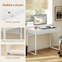 HOMCOM Scrivania Moderna con 2 Cassetti e Gambe in Acciaio, 100x50x75 cm, Bianco Lucido(m-5)